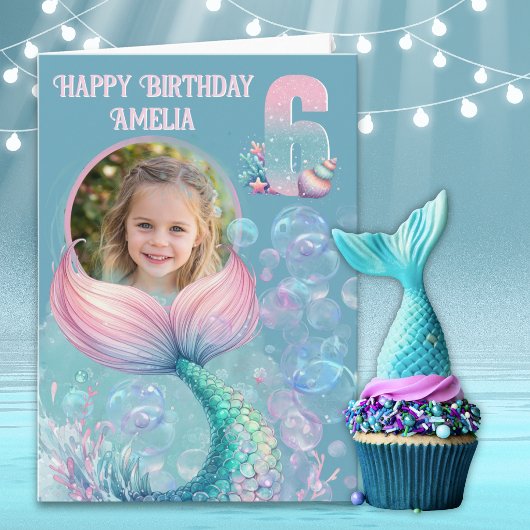 人魚の尾の6歳の誕生日カード（1枚の写真入り） カード