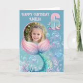 人魚の尾の6歳の誕生日カード（1枚の写真入り） カード (正面)