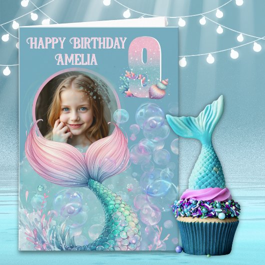 人魚の尾の9歳の誕生日カード（写真1枚） カード