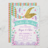 人魚の尾または海の下の共同双子の誕生日 招待状 (正面/裏面)