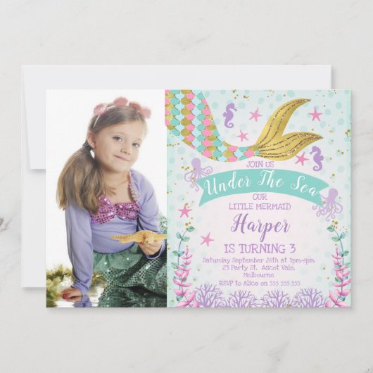 人魚の尾または海の下の写真の誕生日招待状 招待状 (正面)
