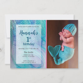 人魚の尾パターンベビーの写真の最初誕生日 招待状