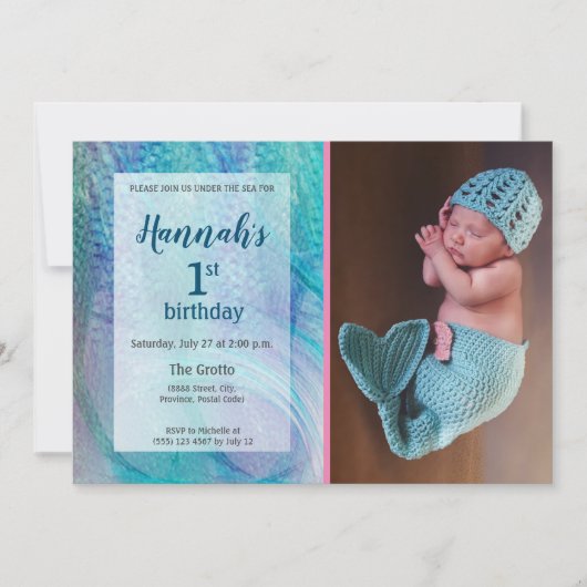 人魚の尾パターンベビーの写真の最初誕生日 招待状 (正面)