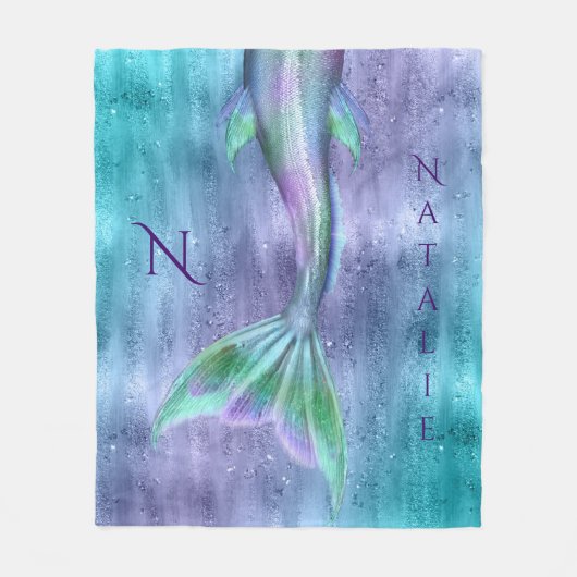 人魚の尾輝きのモノグラム フリースブランケット (正面)