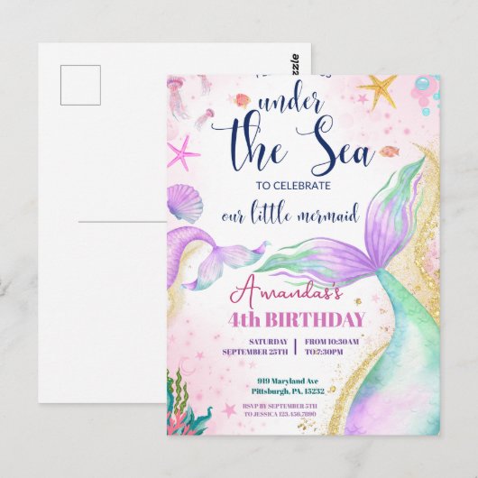 人魚の尾 水彩画 誕生日 海の下 ポストカード (正面/裏面)