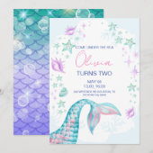 人魚の尾 海の下 パープル 誕生日 招待状 (正面/裏面)