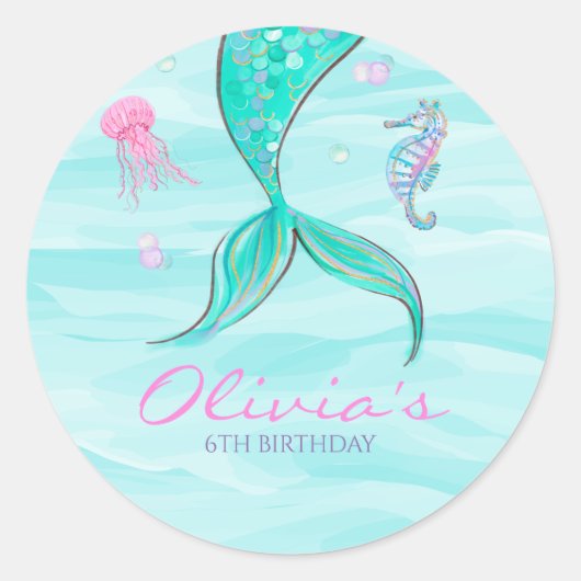 人魚の尾 海の中 誕生日 ラウンドシール (正面)