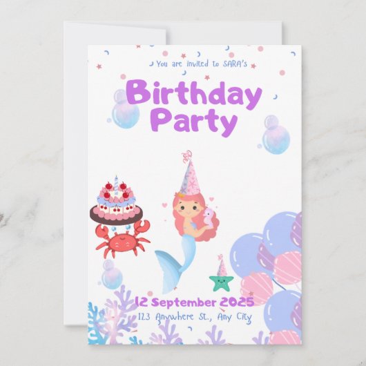 人魚の招待カードのサラの誕生日 招待状 (正面)