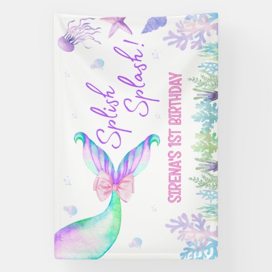 人魚の水彩ガール ファーストバースデー 背景 横断幕 (縦)