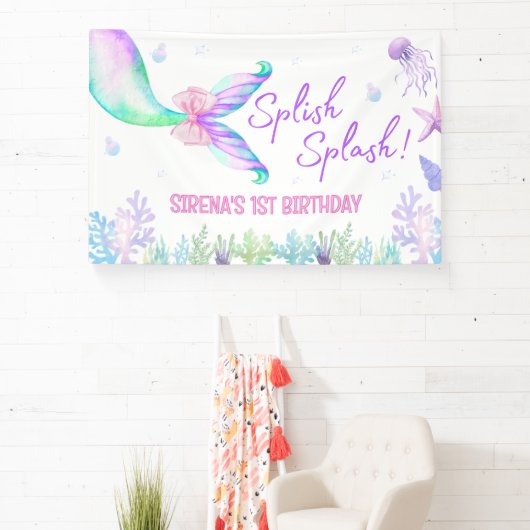 人魚の水彩ガール ファーストバースデー 背景 横断幕 (インサイチュ)
