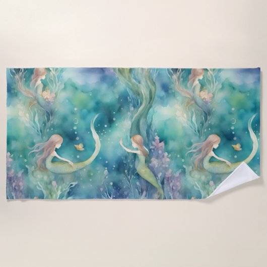 人魚の水彩画  ビーチタオル (正面)