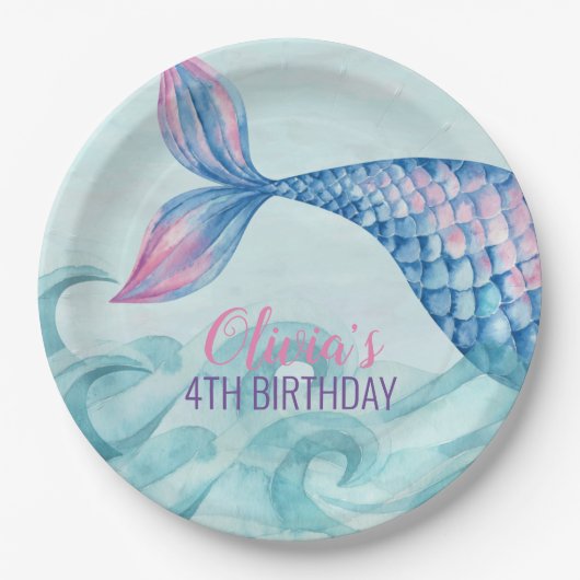 人魚の水彩画 誕生日紙皿 ペーパープレート (正面)
