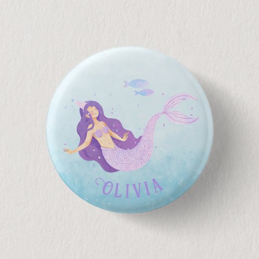 人魚の水彩 紫 かわいい女の子の誕生日 缶バッジ (正面)