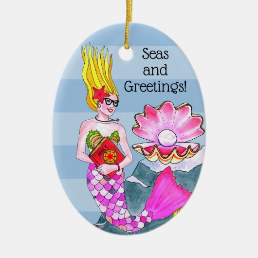 人魚の海とあいさつパーソナライズされた メタルオーナメント (正面)