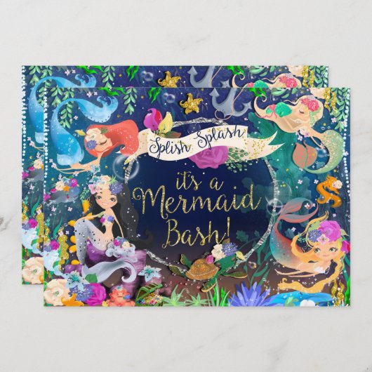 人魚の海の下での人魚パーティー 誕生日パーティー 招待状 (正面/裏面)