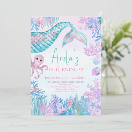 人魚の海の下のパーティー 1歳の誕生日 招待状 (スタンド正面)