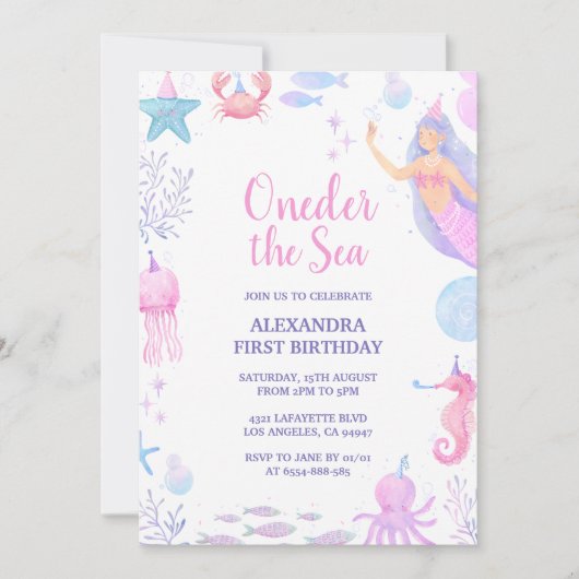 人魚の海の中の水彩ガール 1歳の誕生日 招待状 (正面)