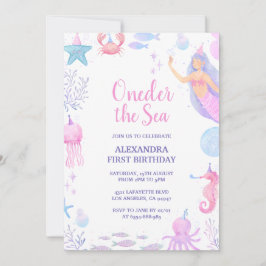 人魚の海の中の水彩ガール 1歳の誕生日 招待状