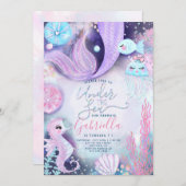 人魚の海の動物の誕生日 招待状 (正面/裏面)