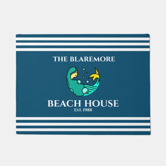 人魚の海ブルーホワストライプイト名カウト ドアマット (正面)