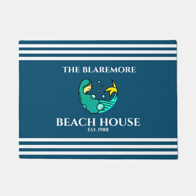 人魚の海ブルーホワストライプイト名カウト ドアマット (正面)