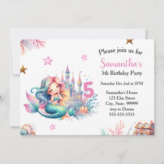 人魚の海中城の誕生日招待状 招待状 (正面)