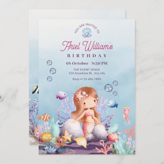人魚の海底の誕生日パーティー 招待状 (正面/裏面)
