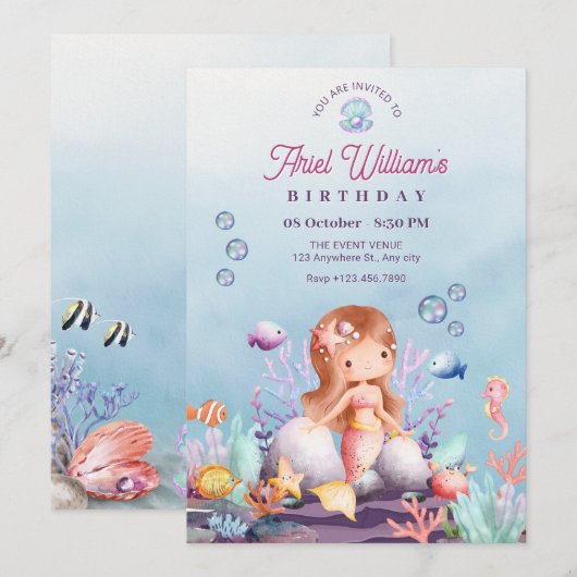 人魚の海底の誕生日 招待状 (正面/裏面)