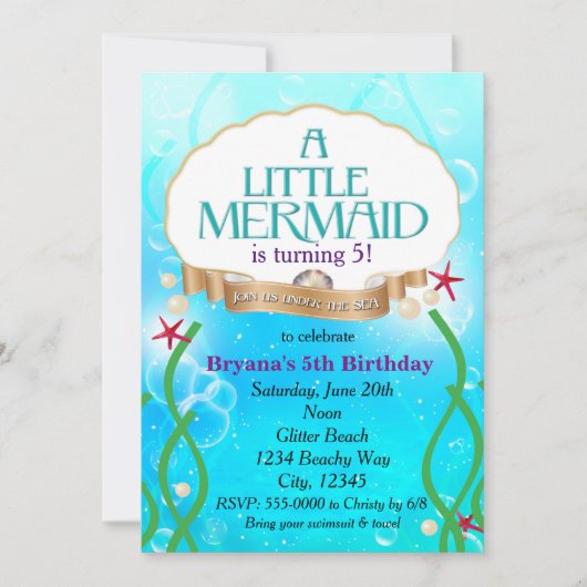 人魚の海底ビーチの誕生日パーティーの招待状 招待状 (正面)