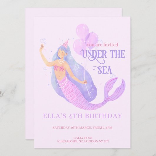 人魚の海底誕生日パーティー招待状 (正面/裏面)