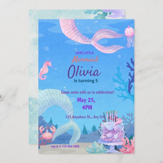人魚の海底魔法の誕生日 招待状 (正面/裏面)