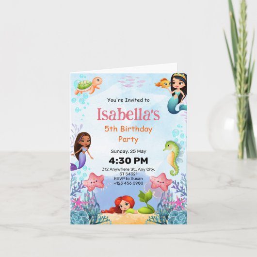 人魚の海底 5歳誕生日パーティー 折りたとう紙 招待状 (正面)