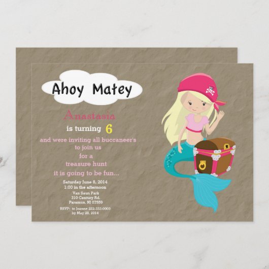 人魚の海賊宝捜しの誕生日の招待状 招待状 (正面/裏面)