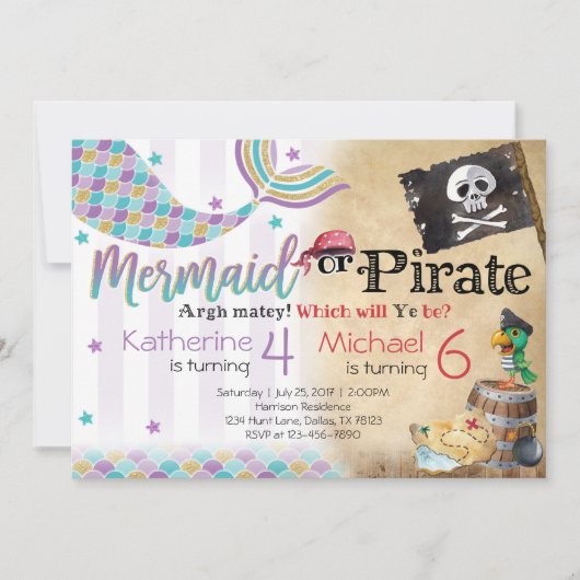 人魚の海賊誕生日パーティーの招待兄弟姉妹 招待状 (正面)
