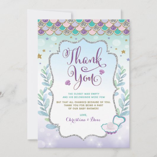 人魚の海辺のオーシャン ベイビーシャワー サンキューカード (正面)