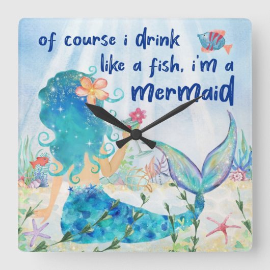 人魚の海 |魚の熱帯性ビーチ スクエア壁時計 (正面)