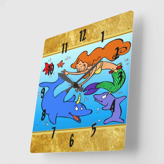 人魚の漫画の海の水中イルカの芸術作品 スクエア壁時計 (傾斜)
