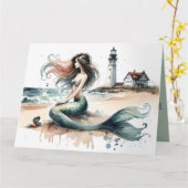 人魚の灯台 海岸の水彩画シーン カード (黄色い花)