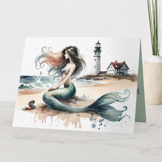 人魚の灯台 海岸の水彩画シーン カード (正面)