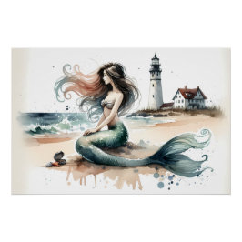 人魚の灯台 海岸の水彩画シーン ポスター