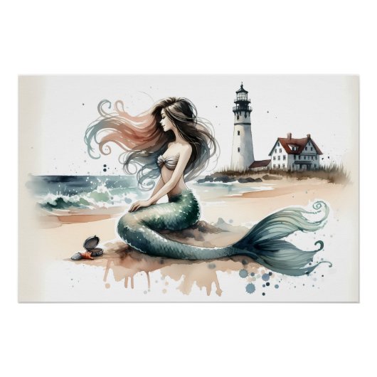 人魚の灯台 海岸の水彩画シーン ポスター (正面)