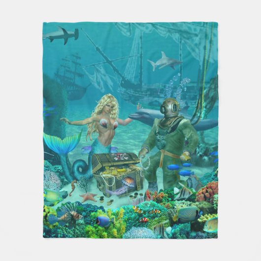 人魚の珊瑚礁の宝物 フリースブランケット (正面)