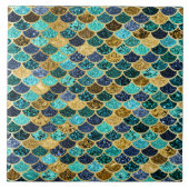 人魚の皮の魚スケールの金ゴールドのティール（緑がかった色）のターコイズ タイル (正面)