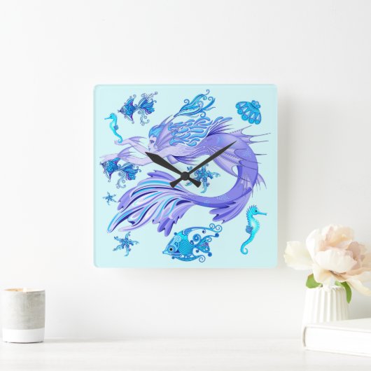 人魚の紫の妖精 スクエア壁時計 (ホーム)