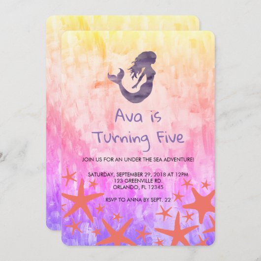 人魚の紫の星の魚の誕生日招待状 招待状 (正面/裏面)