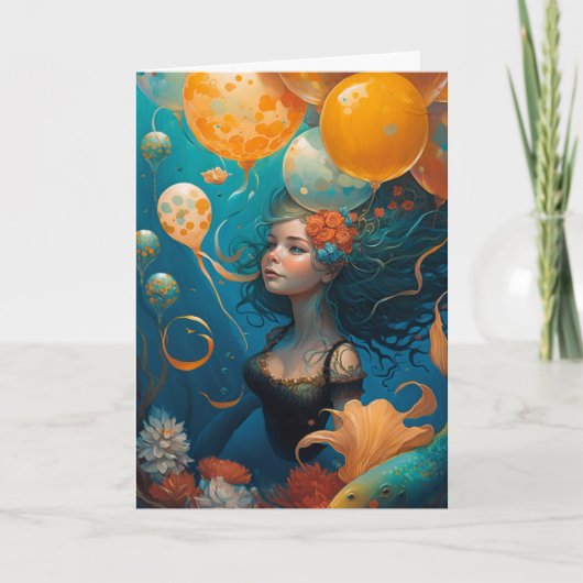人魚の絵の誕生日風船 カード (正面)