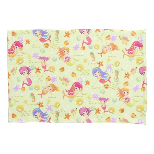 人魚の緑とギンガム 枕カバー (正面)