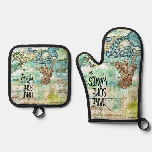 人魚の美しさが波を作る 鍋つかみ&鍋敷きセット (正面)