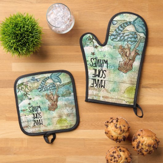 人魚の美しさが波を作る 鍋つかみ&鍋敷きセット (トップダウン)