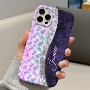 人魚の肌の紫色シルバーの疑似ラメ入りモノグラム Case-Mate iPhone 14ケース